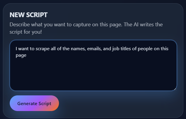 Create Your First Scraper - Type what data you want in plain English AI Web Scraper extension interface showing text input for describing data to extract