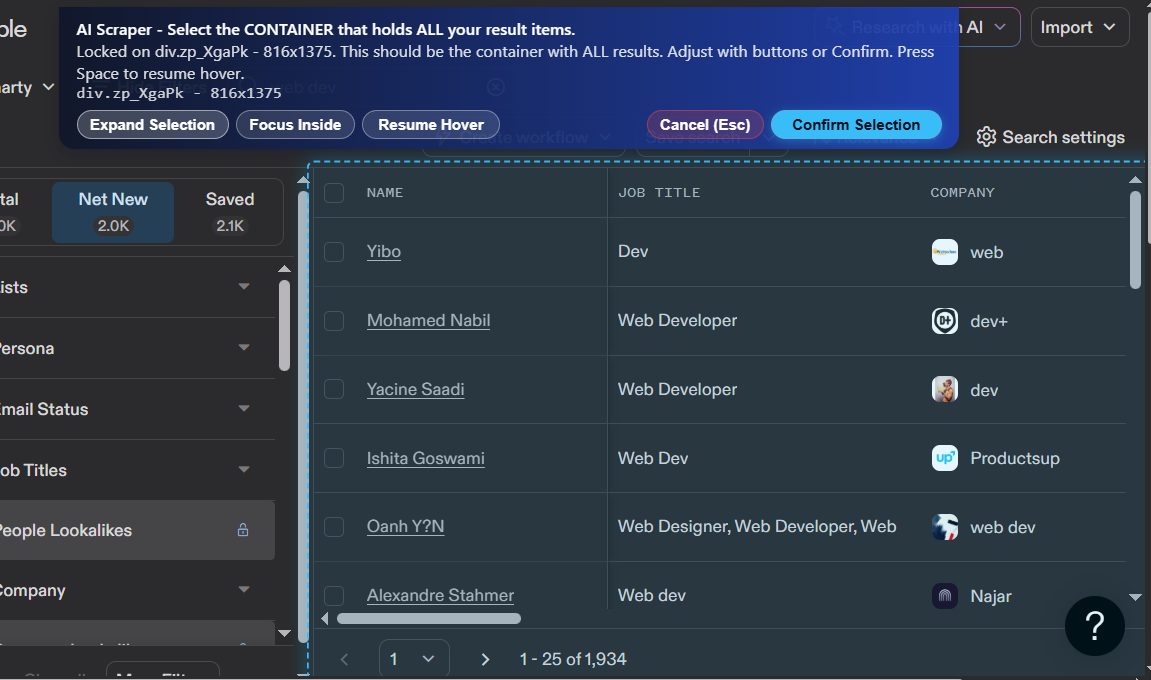 Select Your Data - Click and expand selections to capture the data you need Selecting data elements on a webpage with AI Web Scraper's visual selection tool