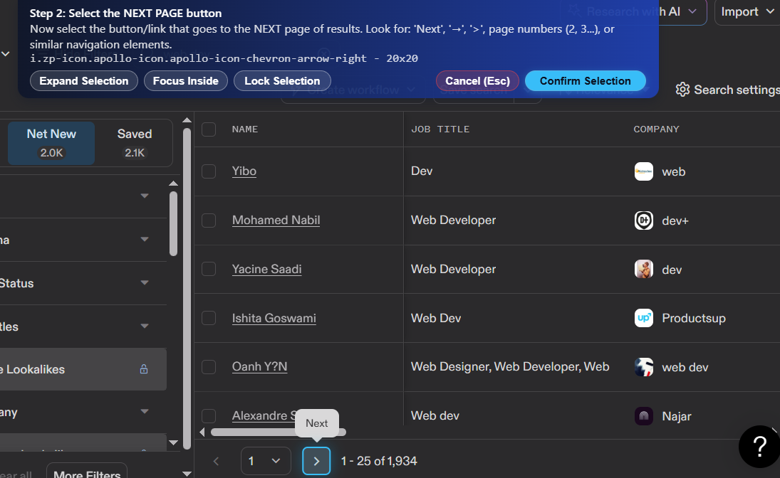 Enable Pagination - Click the next button to scrape across multiple pages Highlighting the next page button to enable automatic pagination in AI Web Scraper
