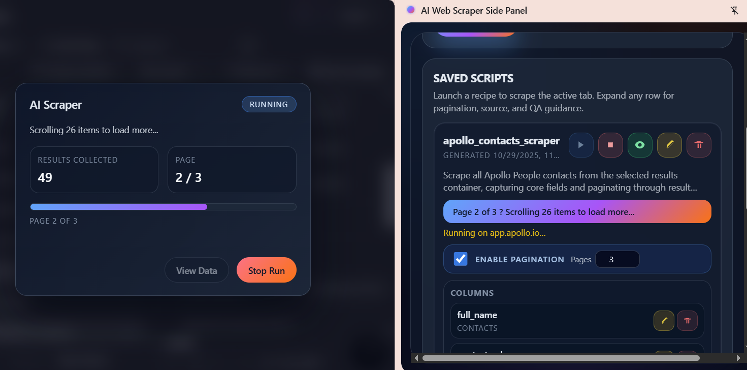 Run Your Script - Watch as AI collects your data in real-time Running a web scraping script with AI Web Scraper showing real-time data collection