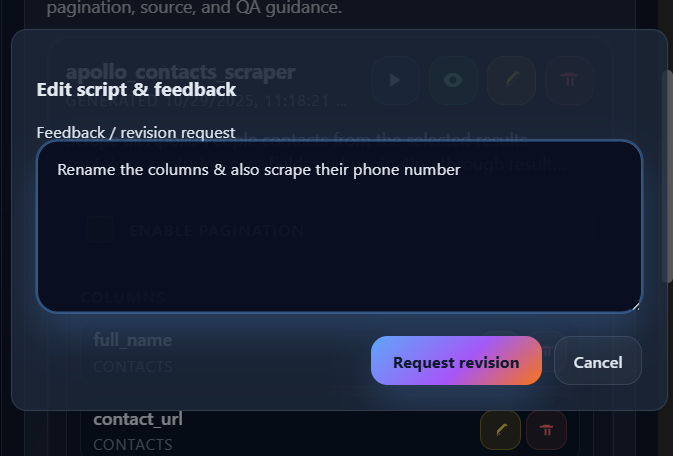 Edit Your Script - Modify your scraper by talking to the AI Editing a web scraper script using AI-powered natural language instructions