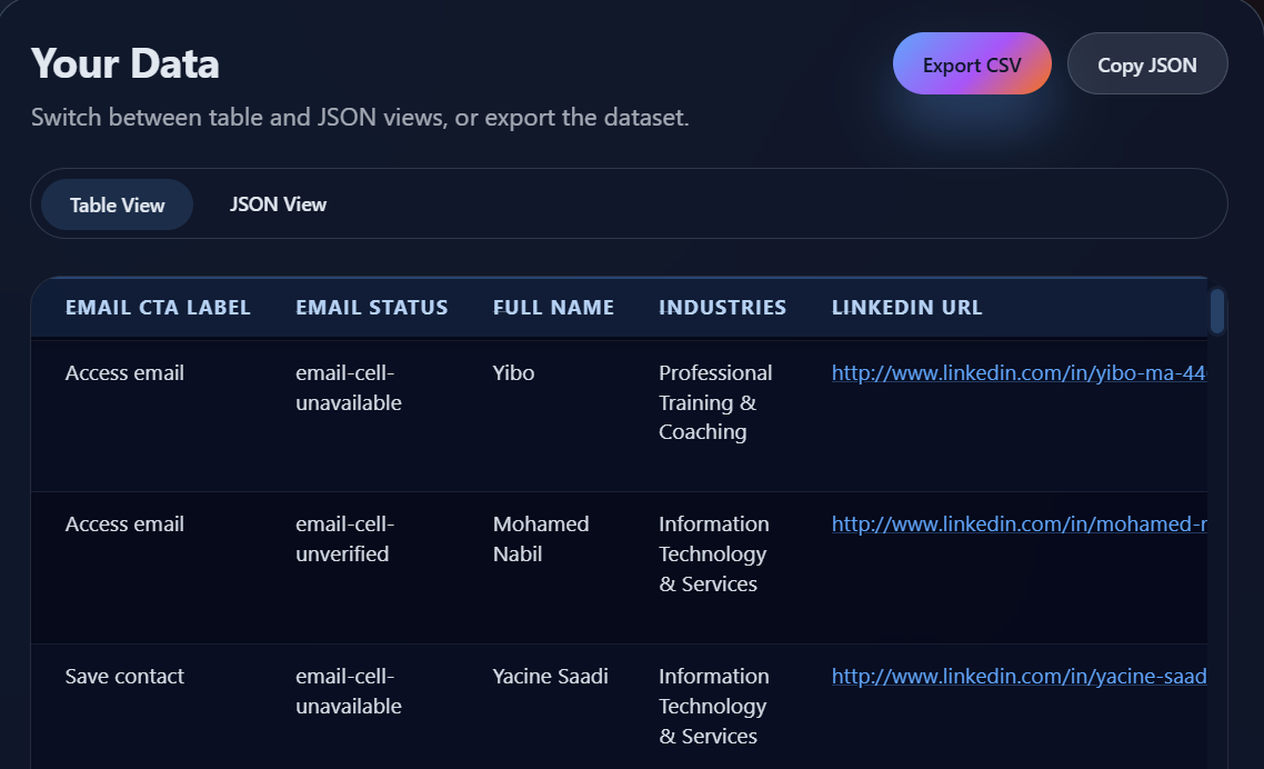 View Your Data - Export unlimited results to CSV Viewing and exporting scraped data to CSV from AI Web Scraper