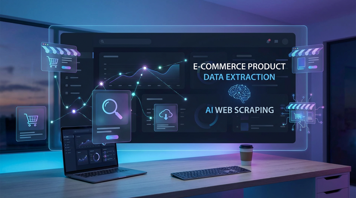E-commerce product data extraction visualization showing shopping elements and data analytics