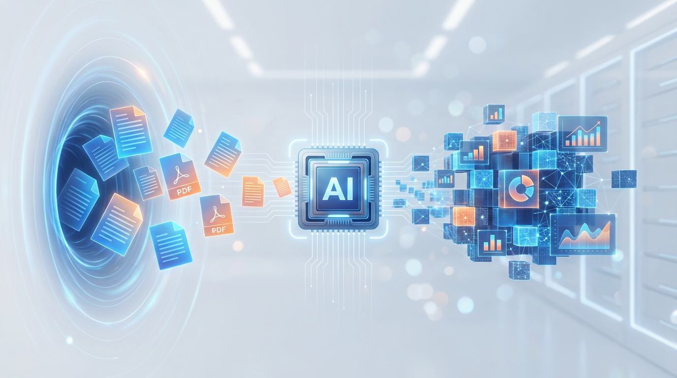 AI-powered PDF data extraction visualization showing documents converting to structured data