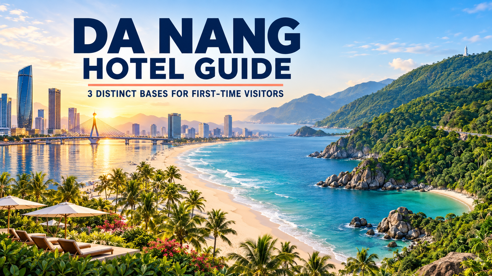 Illustrated Da Nang hotel guide cover showing the Han River skyline, a beach, and the green Son Tra Peninsula