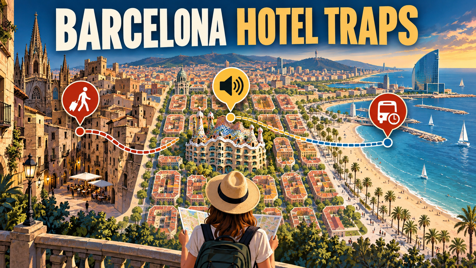 Illustrated Barcelona map comparing Gothic Quarter access, Eixample noise, and beachfront travel time risks