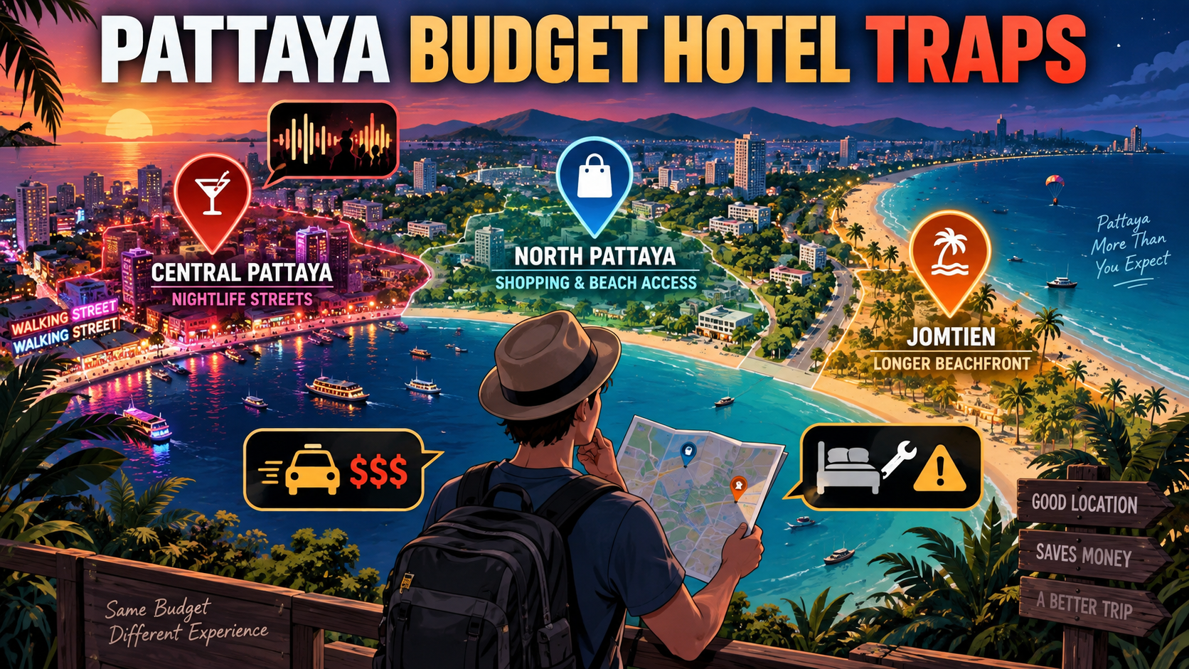 Value traveler comparing Central Pattaya, North Pattaya, and Jomtien hotel cost traps