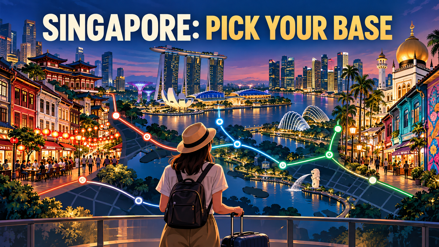 Illustrated Singapore city map comparing City Hall, Chinatown, and Bugis as bases for first-time visitors