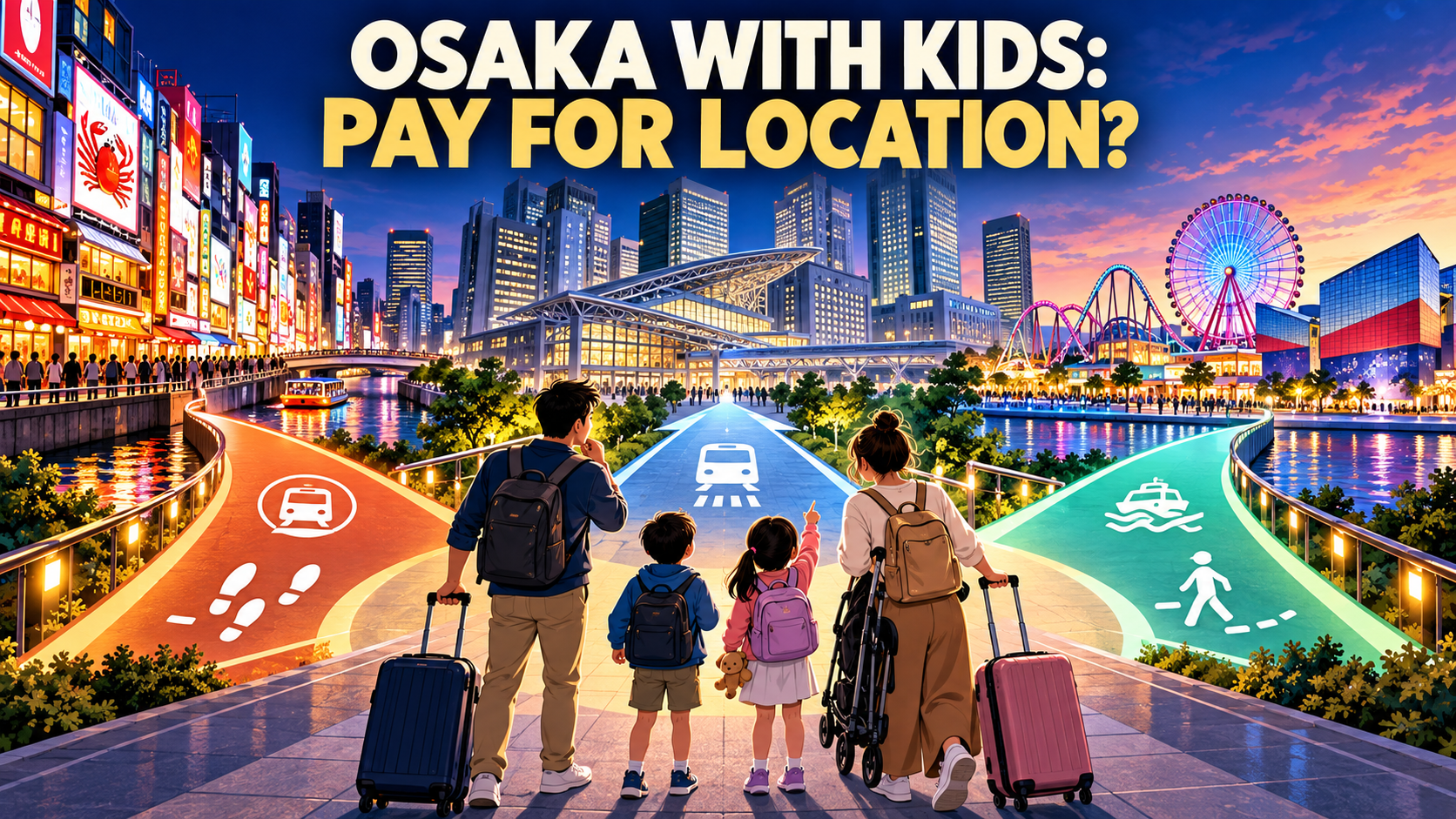 Illustrated Osaka family hotel decision showing routes to Namba, Umeda, and the bay area