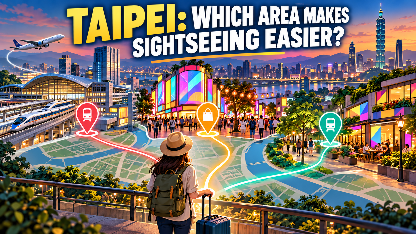 Illustrated Taipei map comparing routes from Taipei Main Station, Ximending, and Zhongshan