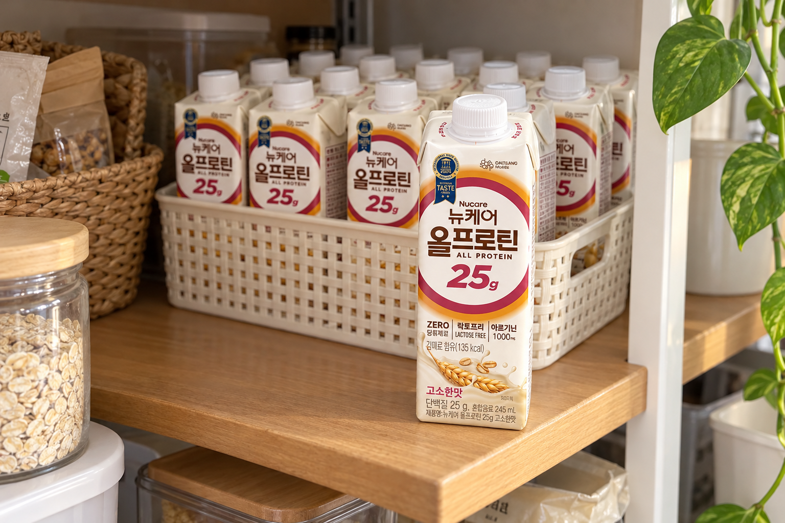 수납 선반에 둔 뉴케어 올프로틴 연출 장면