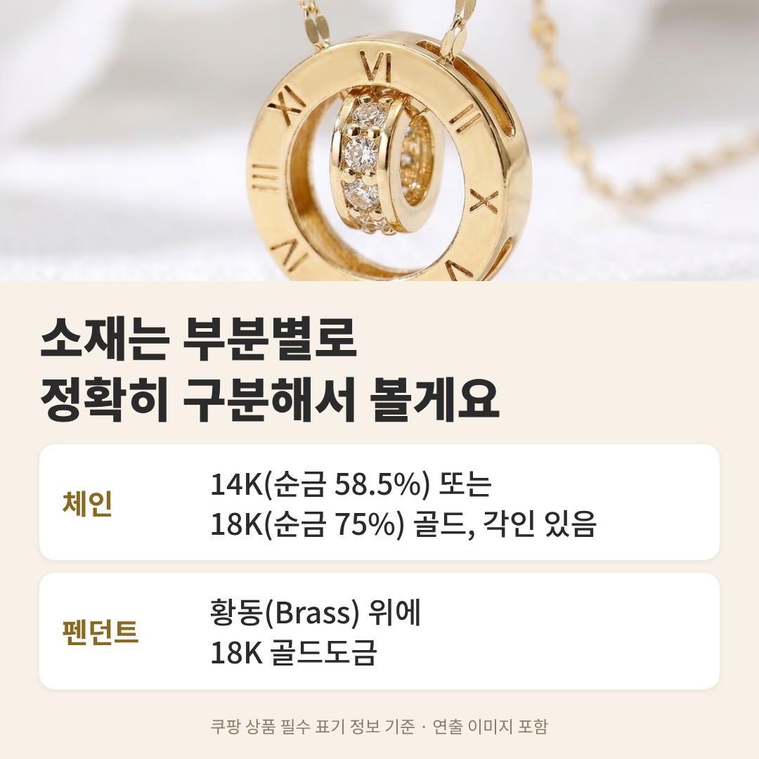 체인은 14K 또는 18K 골드, 펜던트는 황동 위 18K 골드도금이라는 소재 안내 카드
