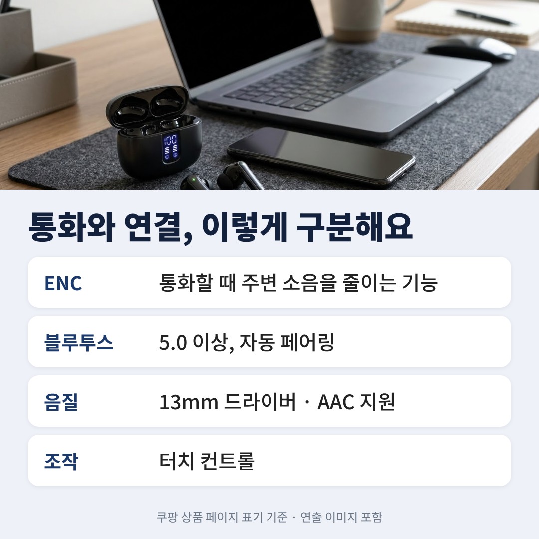 KONLI T16 이어폰 ENC 통화 소음 감소와 블루투스 음질 조작 요약 카드