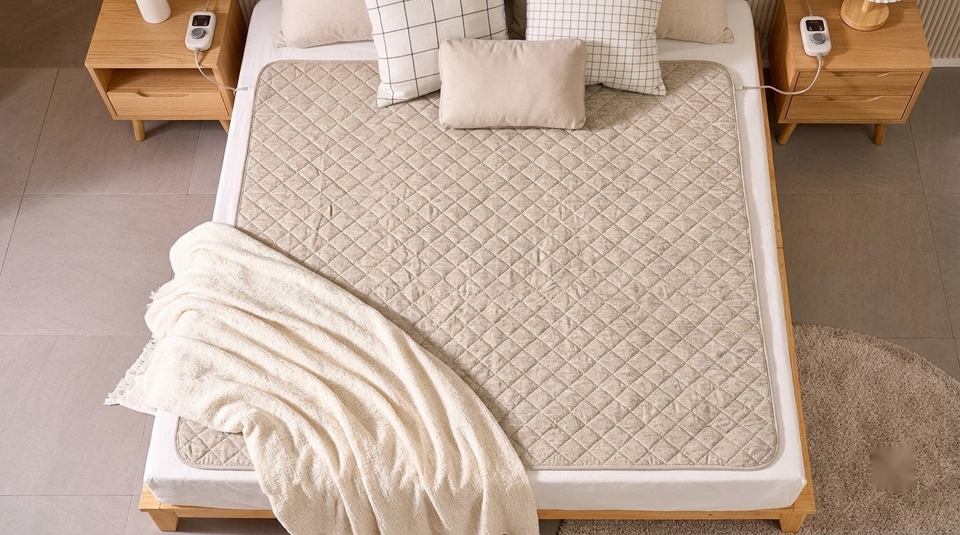 침대 양쪽 협탁에 조절기가 놓인 분리난방 매트 연출 이미지