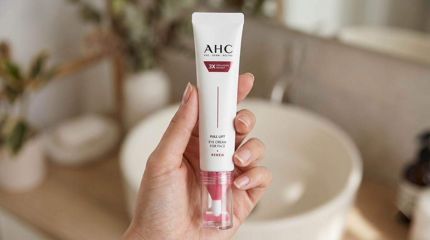 한 손에 쥔 AHC 아이크림 튜브 연출 이미지