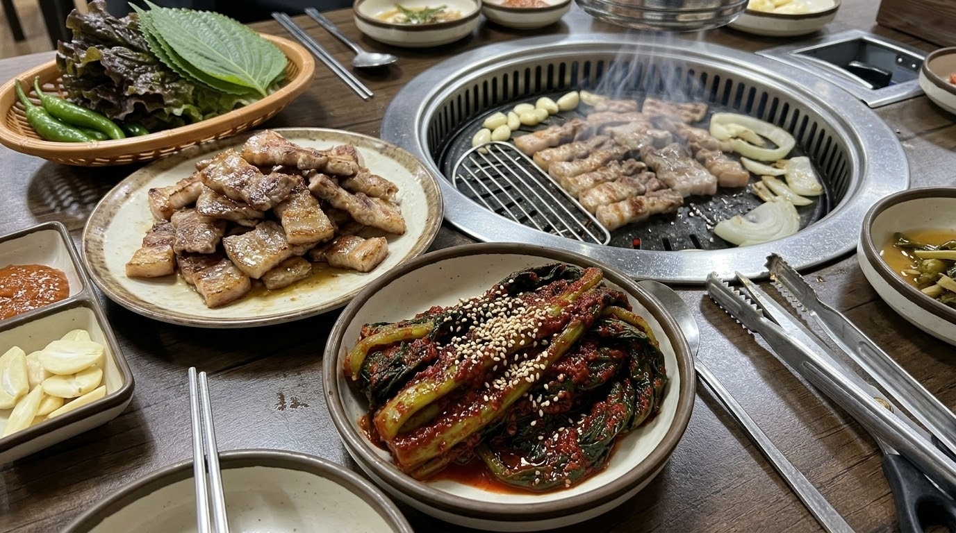 구운 고기와 쌈 채소 옆에 돌산갓김치 한 접시를 곁들인 연출 이미지