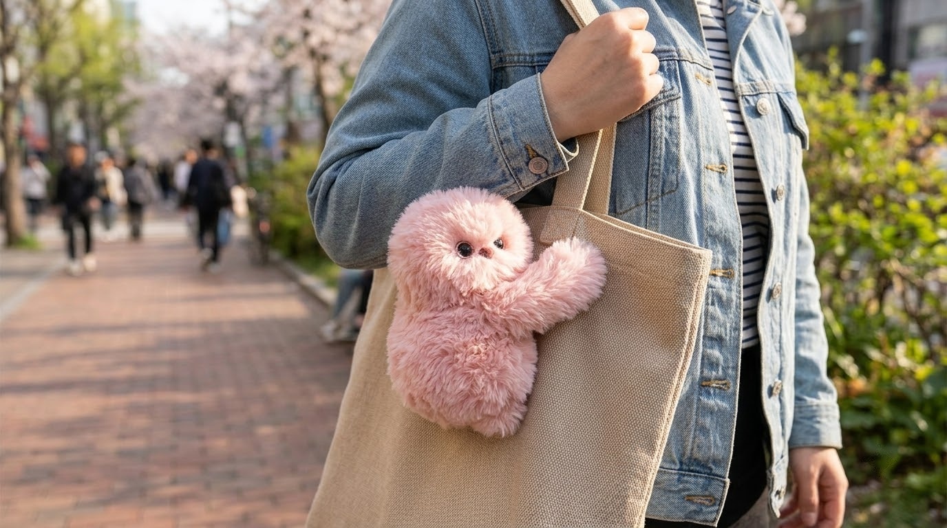 AI 스마트 펫 로봇 를 토트백 손잡이에 걸고 외출하는 연출 이미지