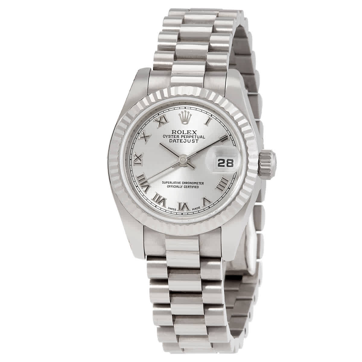 Rolex LadyDatejust 26 Silver Dial 18K White Gold President Automatic Ladies Watch 179179SRP