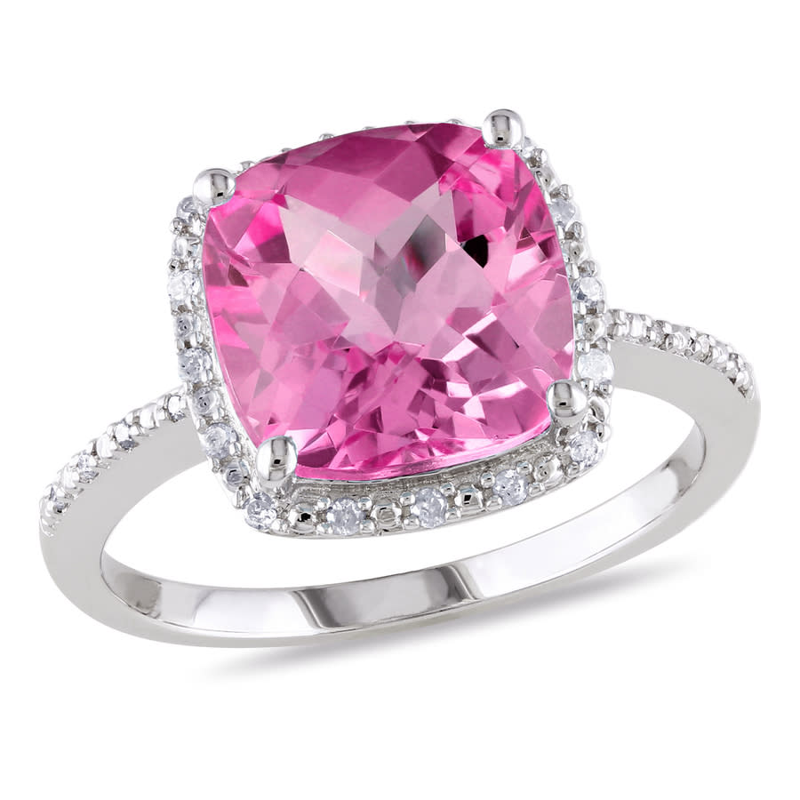 AMOUR 110 CT TW Diamond and 5 34 CT TGW Cushion Cut Created Pink Sapphire Halo Ring In Sterling Silver 110$