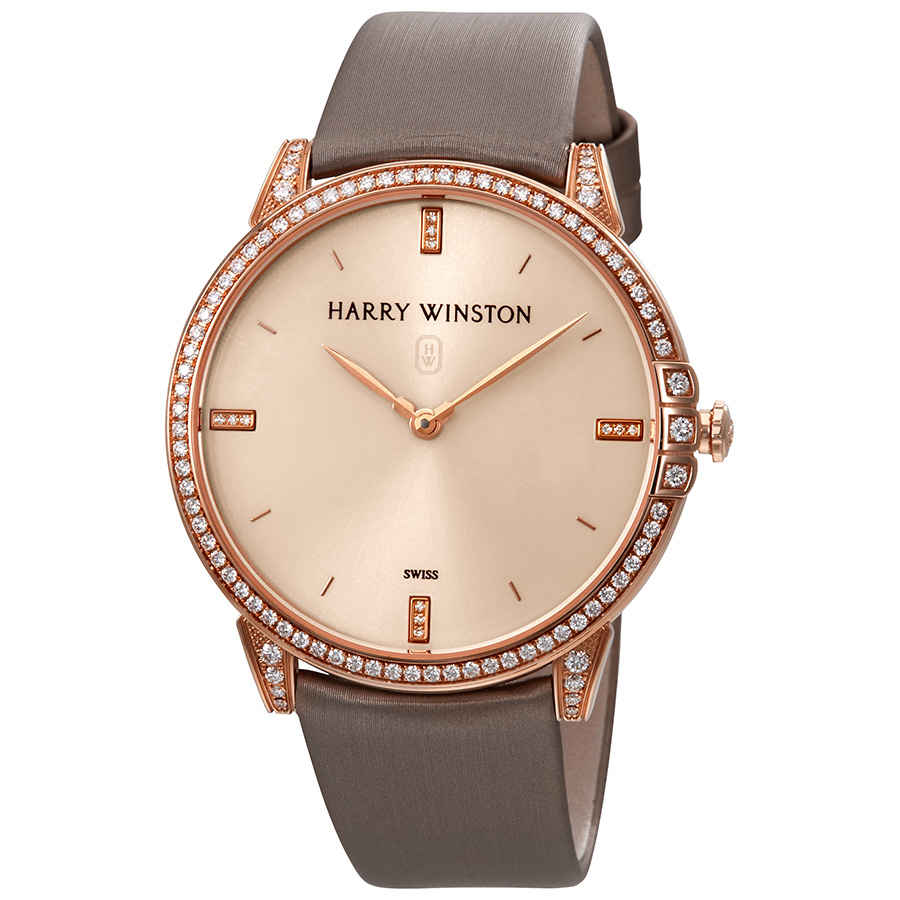 Harry Winston Midnight Champagne Sunray Dial 18kt Rose Gold Diamond Satin Ladies Watch MIDQHM39RR002 11250$