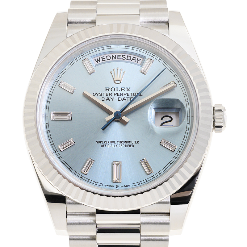 Rolex DayDate 40 IceBlue Baguette Dial Mens Platinum President Watch M2282360006
