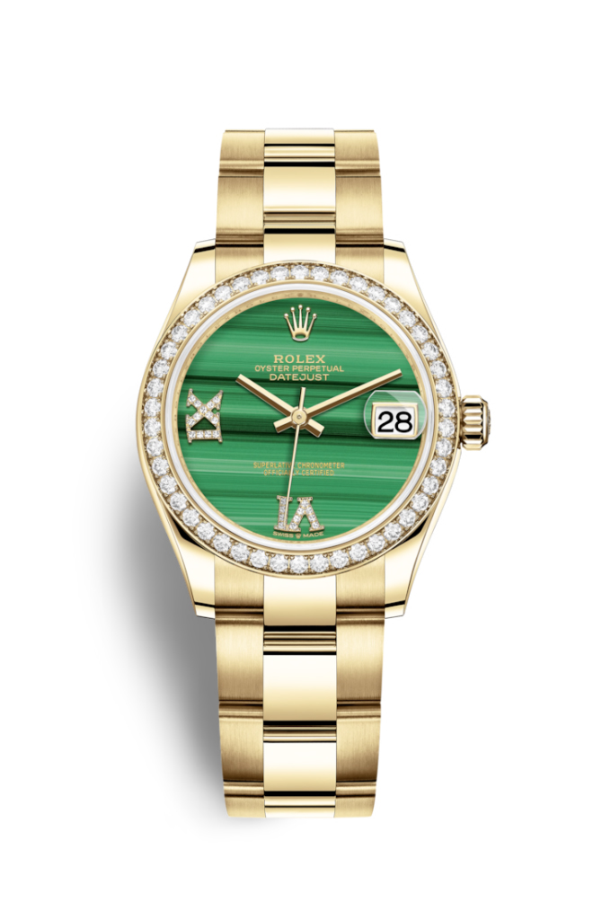 rolex datejust 31 malachite diamond dial ladies 18kt yellow gold oyster watch 278288mlrdo
