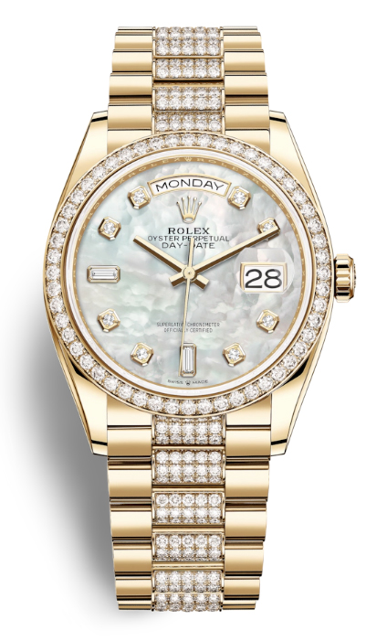 Rolex DayDate 36 Mother of Pearl Dial 18kt Yellow Gold Diamond Set President Watch 128348MDDP
