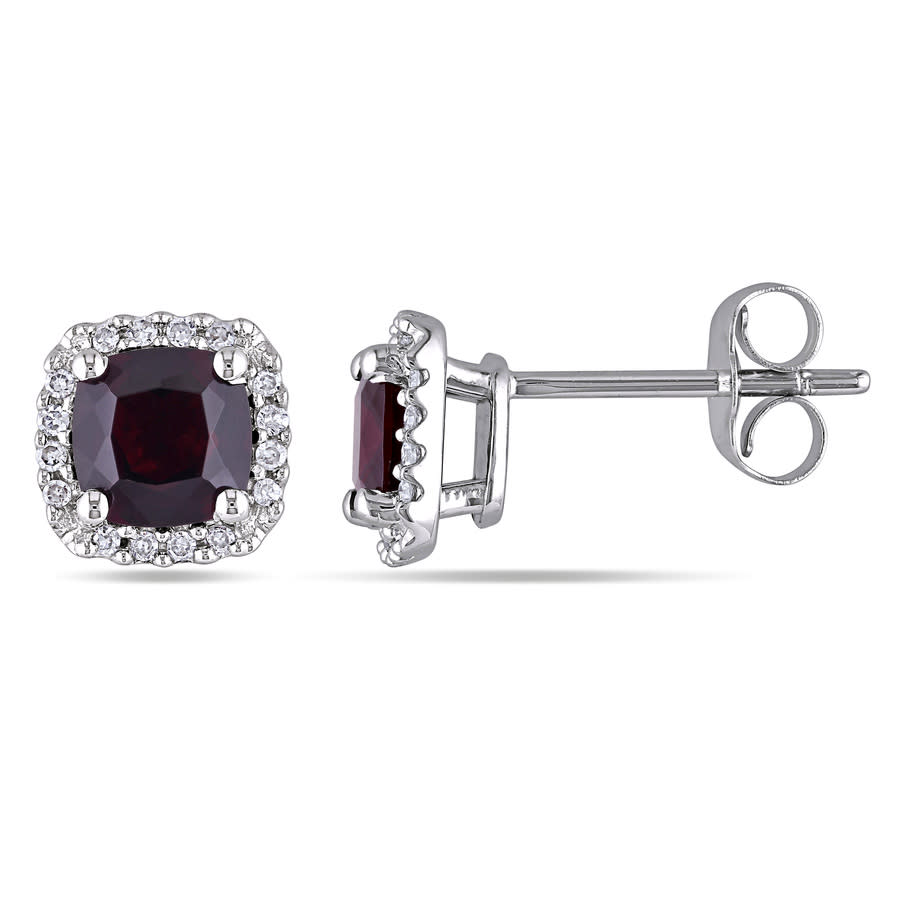 AMOUR Cushion Cut Garnet and 110 CT TW Diamond Halo Earrings In 10K White Gold 300$
