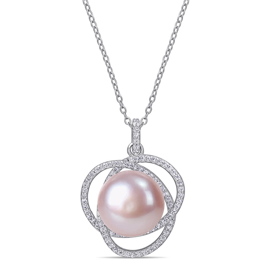 AMOUR 12 - 125 Mm Pink Cultured Freshwater Pearl and 1 CT TGW Cubic Zirconia Interlaced Halo Necklace In Sterling Silver 58$