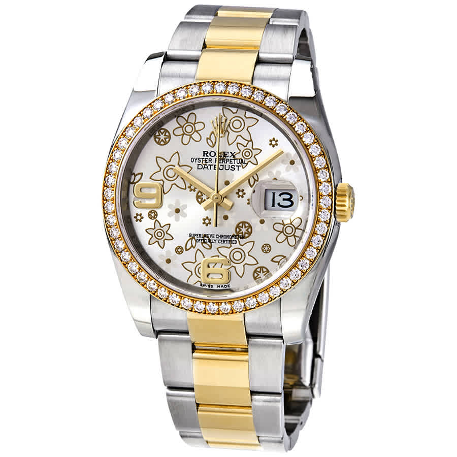 Rolex Oyster Perpetual Datejust 36 Silver Floral Dial Stainless Steel and 18K Yellow Gold Bracelet Automatic Ladies Watch 116243SFAO Rolex Oyster Perpetual Datejust 36 Silver Floral Dial Stainless Steel and 18K Yellow Gold Bracelet Automatic Ladies Watch 116243SFAO