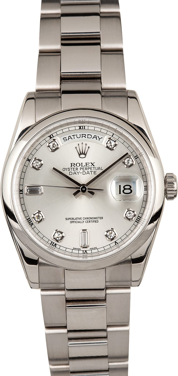 Rolex DayDate Silver With Diamonds Dial 18K White Gold Oyster Bracelet Automatic Mens Watch 118209SDO