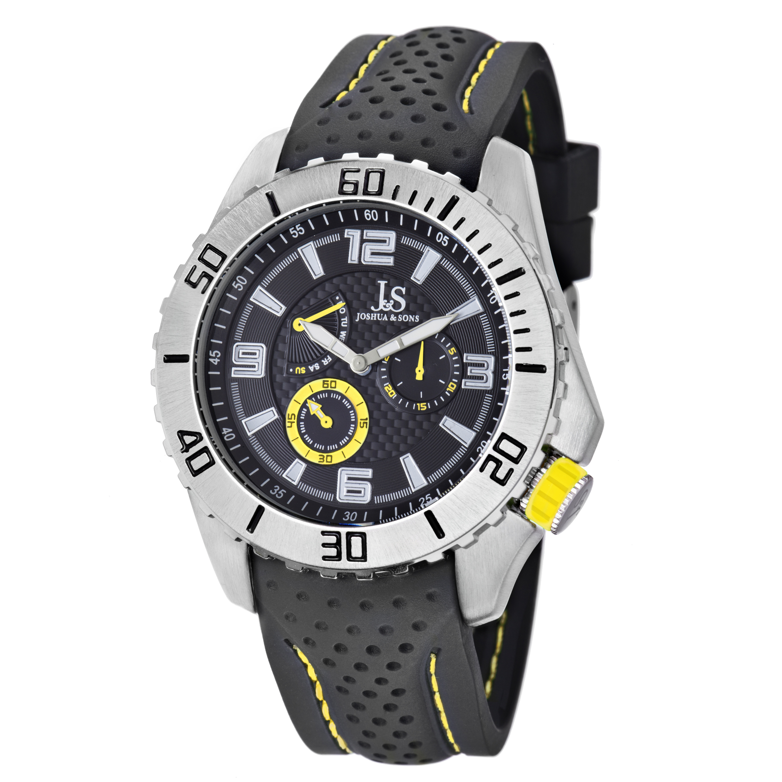 Joshua and Sons Multi-Function Black and Yellow Silicone Strap Mens Watch JS53YL 160$