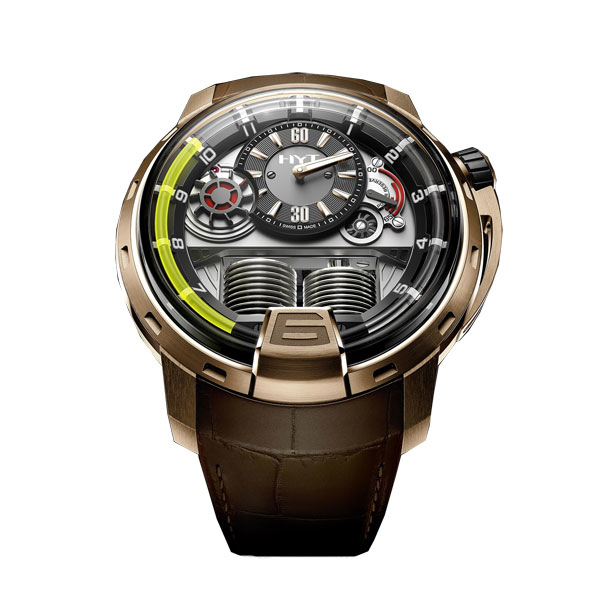 HYT H1 Pink Gold Black Dial Brown Leather Mens Watch 148-PG-22-GF-CR