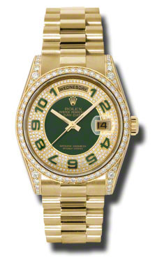 Rolex DayDate Pave Green Automatic 18kt Yellow Gold Ladies Watch118388PGAP