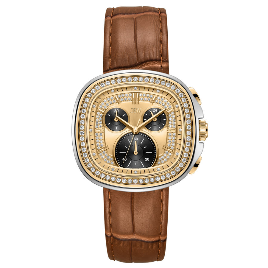 JBW Coast Leather Chronograph GMT Quartz Diamond Gold Dial Mens Watch J6415B