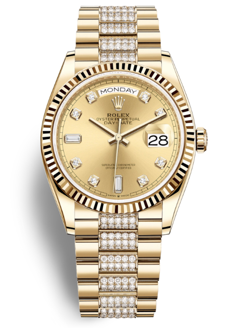 Rolex DayDate 36 Champagne Dial 18kt Yellow Gold DiamondSet President Watch 128238CDDP