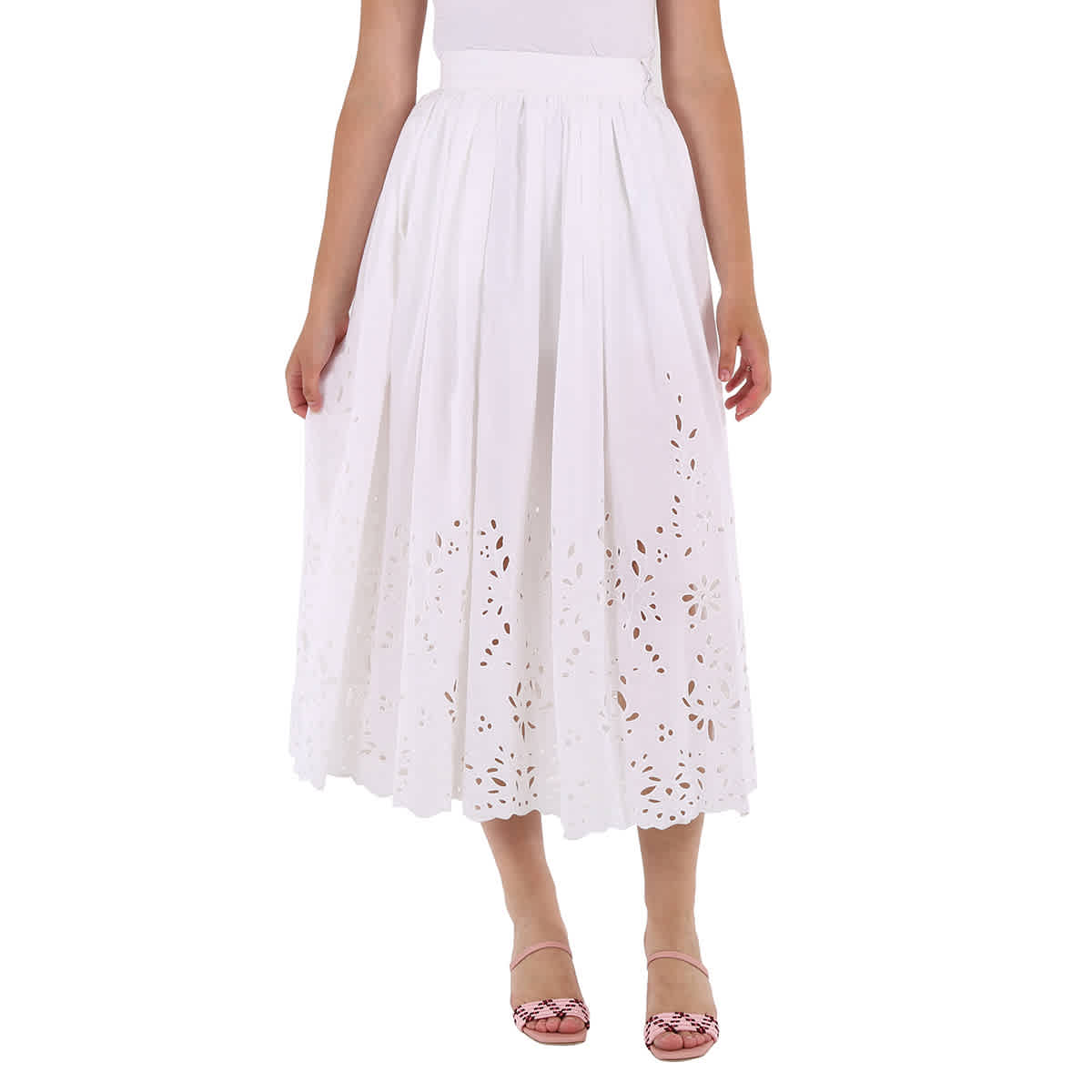 Pre-owned Chloé Chloe Ladies White Broderie Anglaise Flared Embroidered Midi Skirt, Brand Size