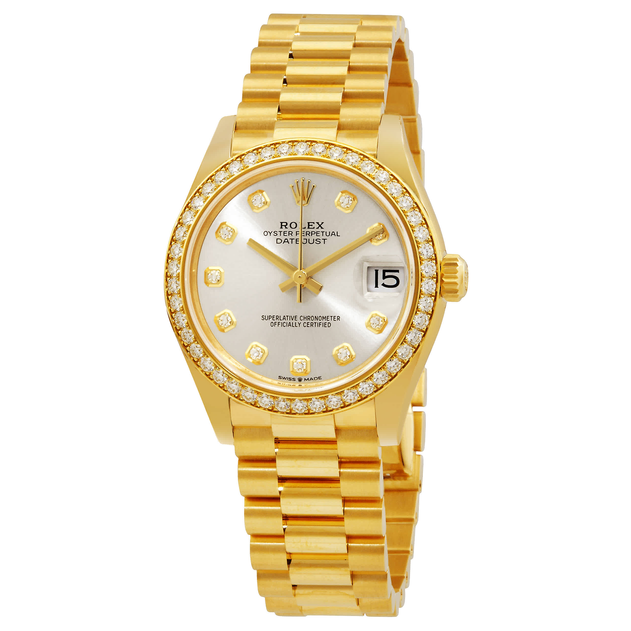 Rolex Datejust 31 Automatic Silver Diamond Dial Ladies 18kt Yellow Gold President Watch 278288SDP