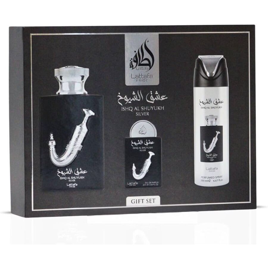 Lattafa Unisex Ishq Al Shuyukh Silver 4pcs EDP Gift Set Fragrances 6290362446579 35$