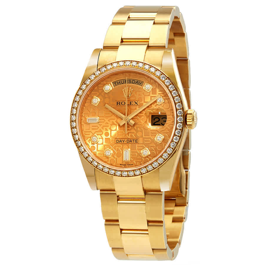 Rolex DayDate 36 Champagne Jubilee Dial Automatic Diamond Ladies 18kt Yellow Gold Oyster Watch 118348CJDO