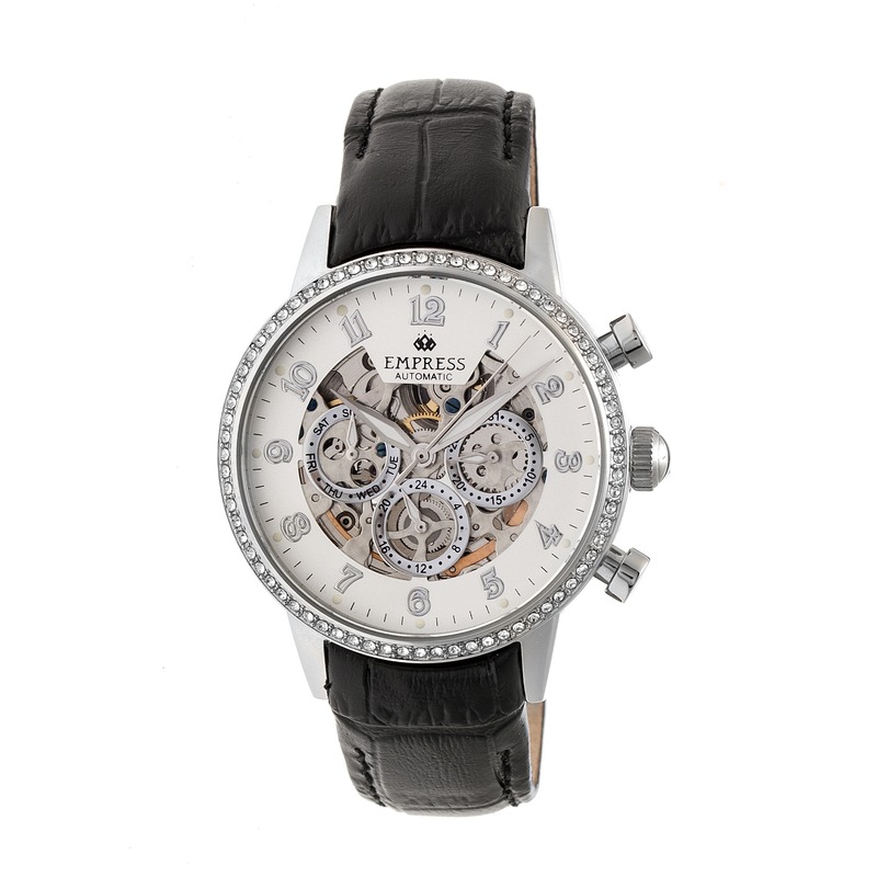 Empress Beatrice Silver Skeleton Dial Black Leather Strap Ladies Watch EM2001
