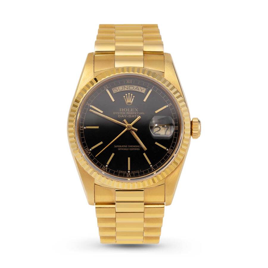 Preowned Rolex DayDate Automatic Chronometer Black Dial Mens Watch 18038 BKSP