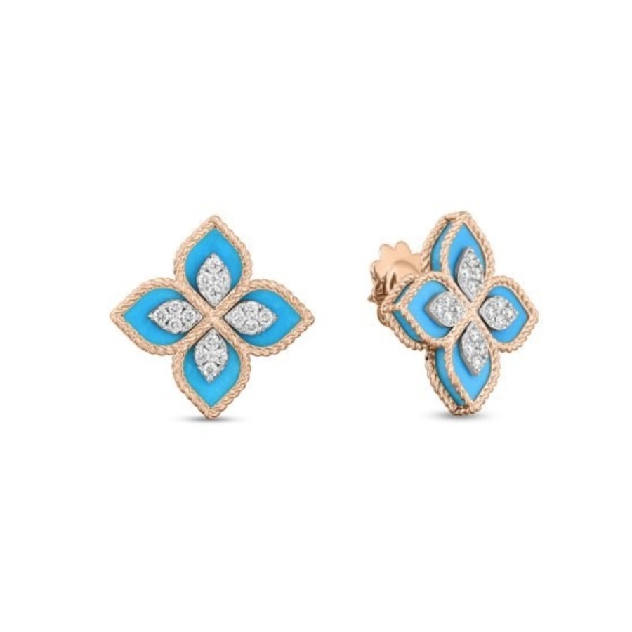 Roberto Coin 18K Rose White Gold Venetian Princess Diamond Turquoise Flower Stud Earrings - 8882784Aherxt 7200$
