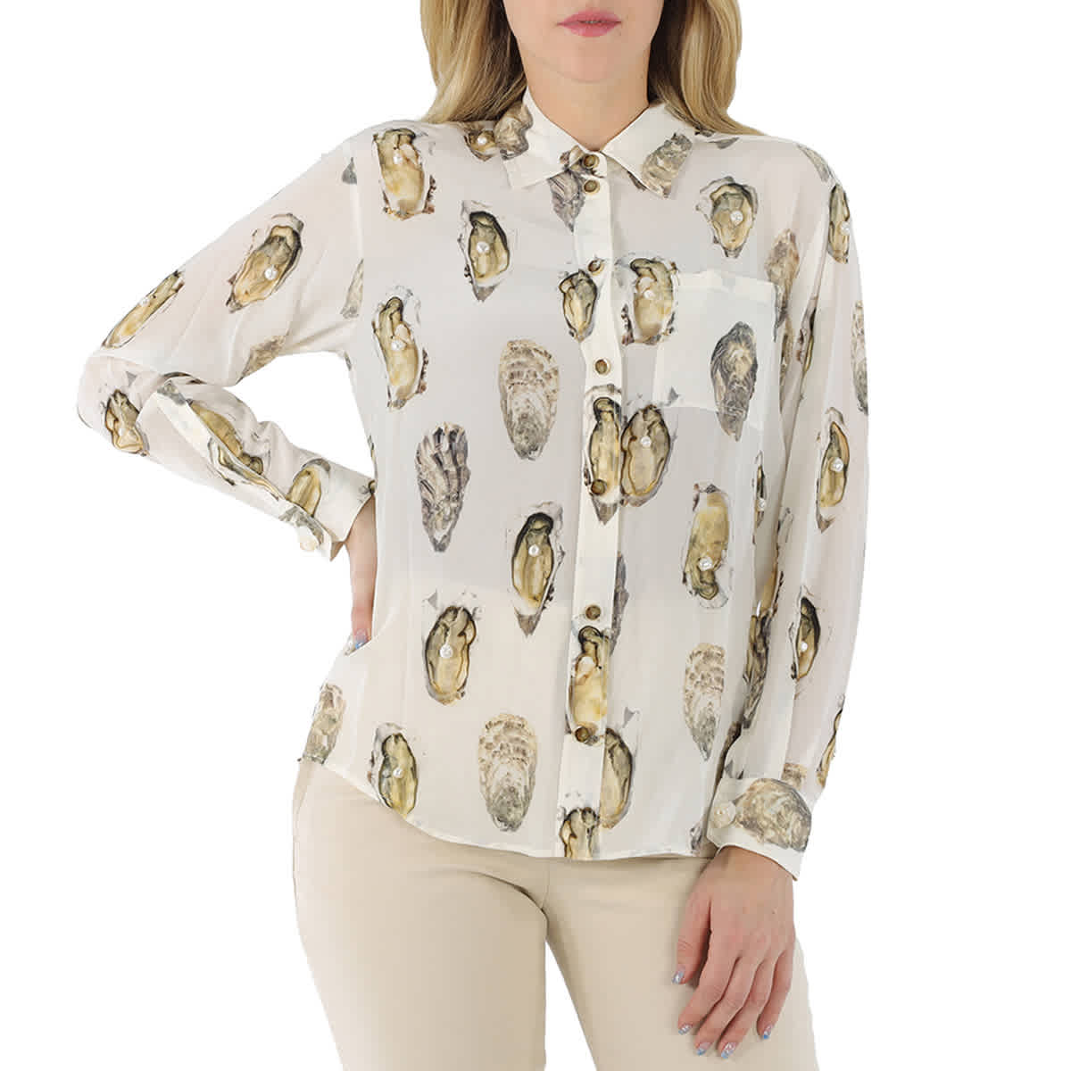 Burberry Ladies Oyster Print Pearl Embellished Shirt