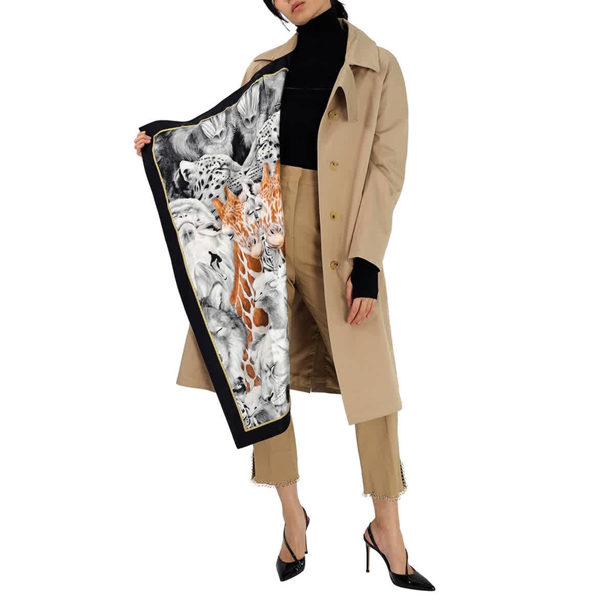 Burberry Ladies Soft Fawn Silk Scarf Detail Cotton Car Coat