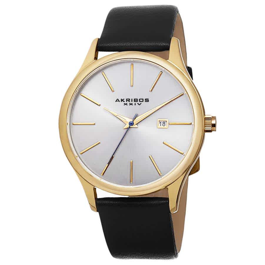 Akribos XXIV Silver Dial Black Leather Mens Watch AK618YG
