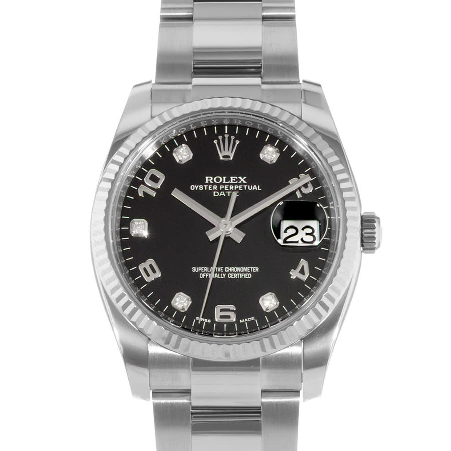 Preowned Rolex Oyster Perpetual Date Automatic Chronometer Diamond Black Dial Mens Watch 115234 BKADO Preowned Rolex Oyster Perpetual Date Automatic Chronometer Diamond Black Dial Mens Watch 115234 BKADO