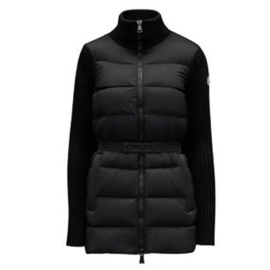 Moncler Ladies BlackTricot Quilted Down Knit Cardigan, Size Large