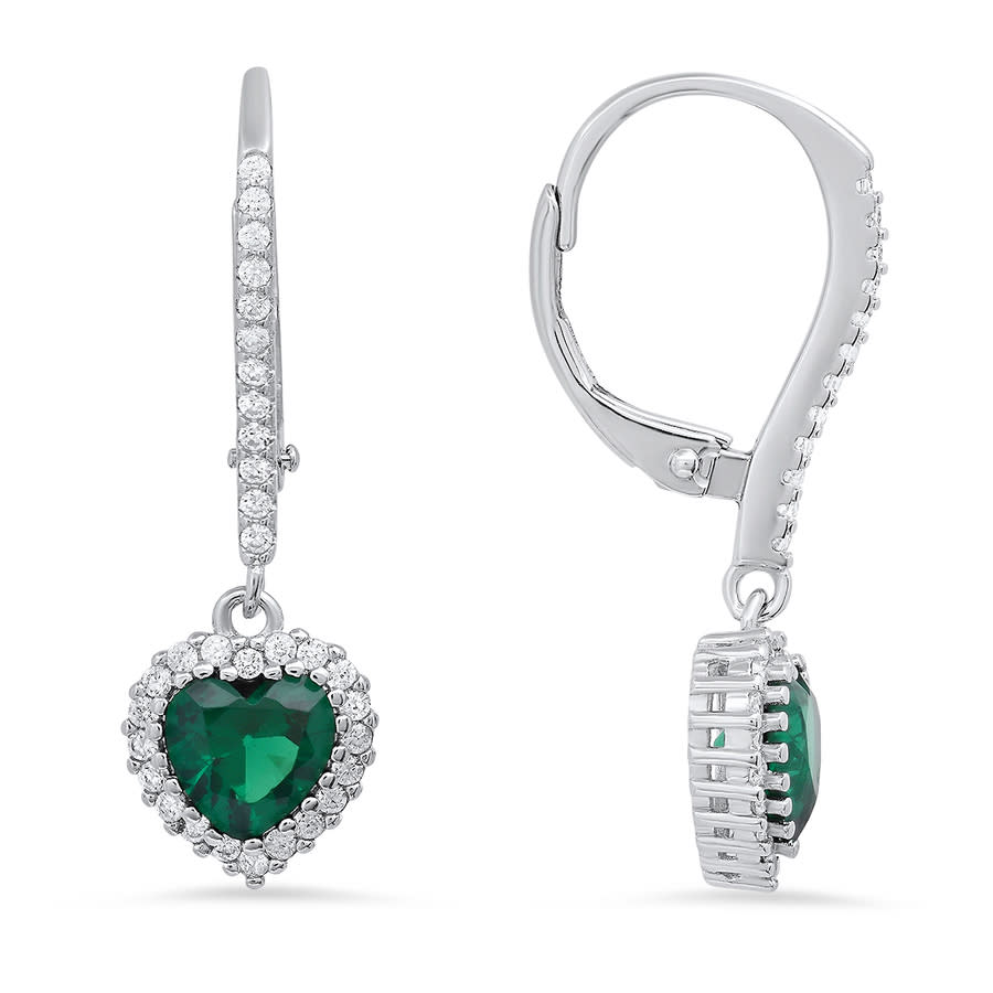 Kylie Harper Sterling Silver Heart-cut Emerald CZ Birthstone Halo Leverback Earrings