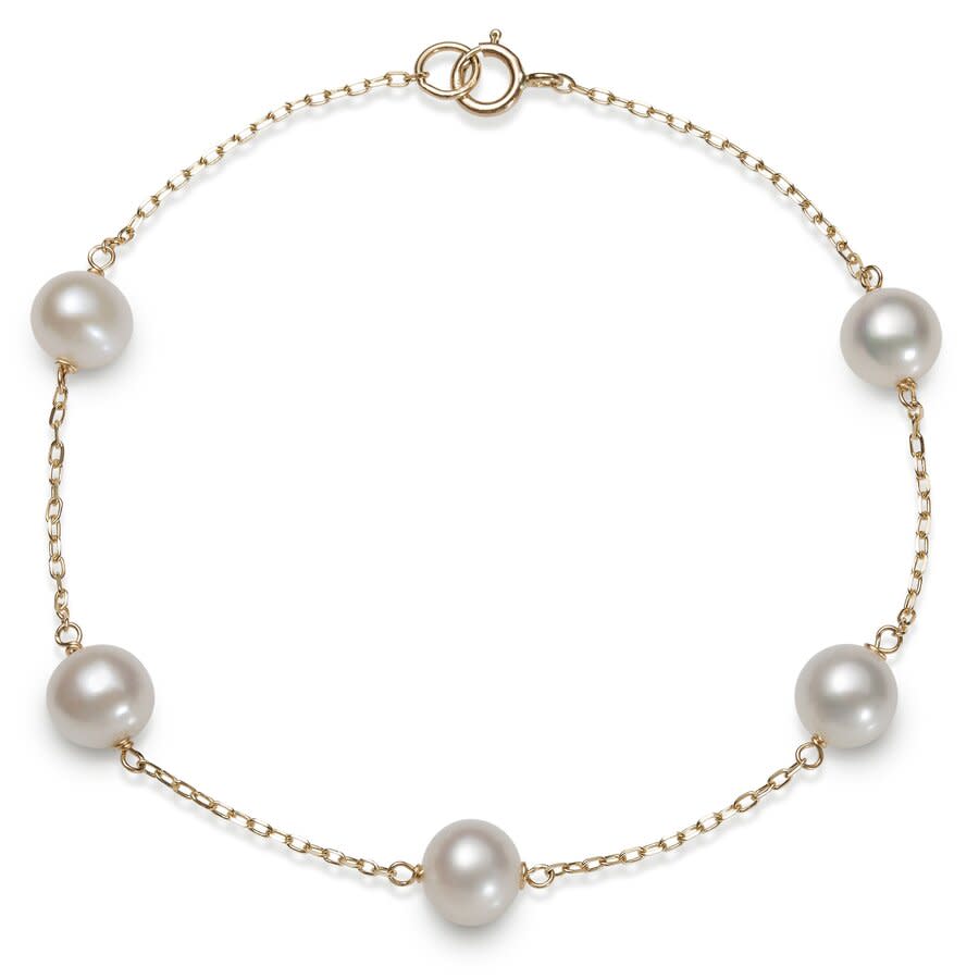 Belacqua 6.0-6.5mm White Cultured Freshwater Pearl 7.5 Inches Tin Cup Station Bracelet in 10K Yellow Gold Real Pearl Jewelry for Women